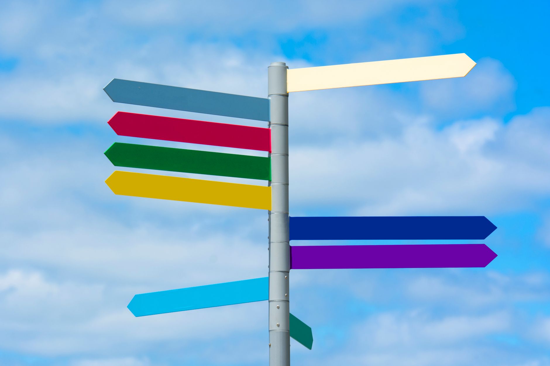 A colorful signpost points in several directions.