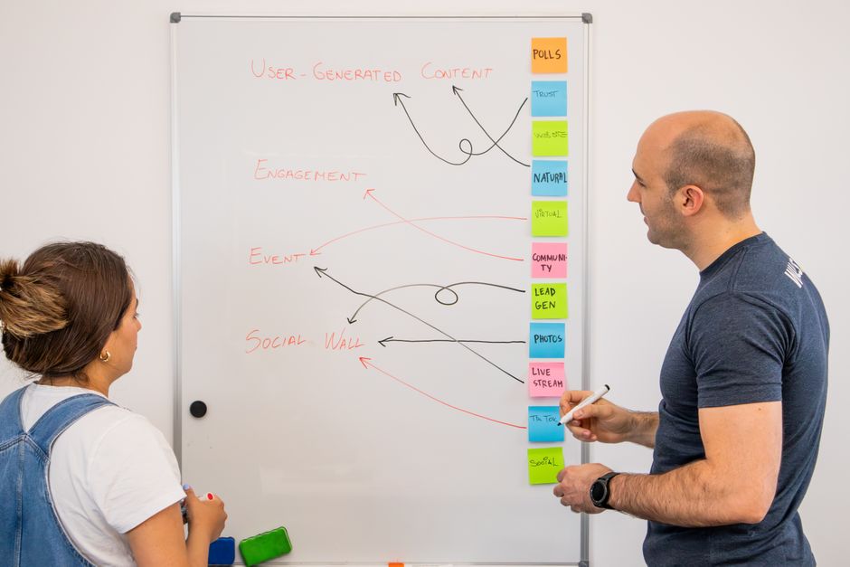 Two colleagues organizing ideas on a whiteboard.
