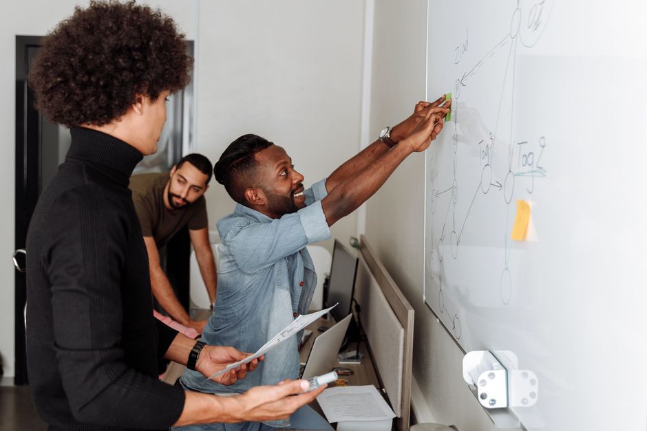 A team discussing notes and drawings at a whiteboard.