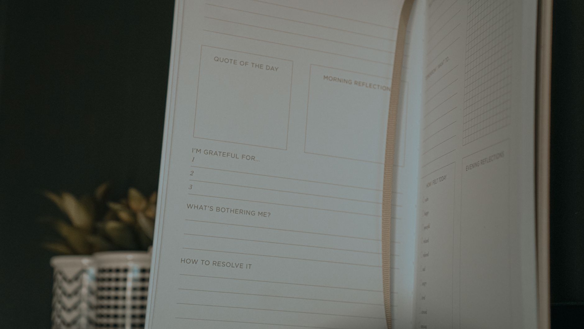 An open journal with spaces for reflection and gratitude
