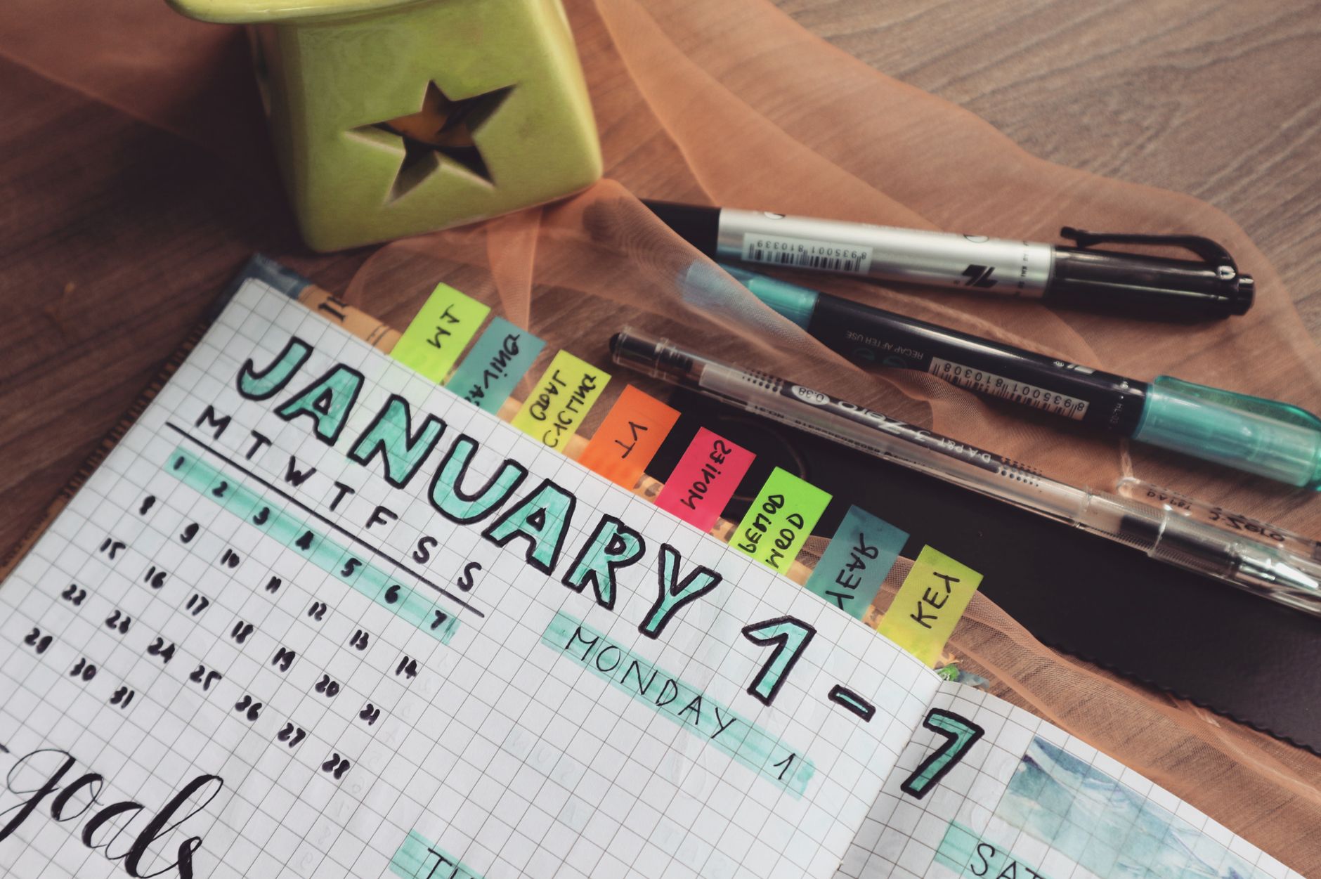 An elaborately tabbed bullet journal open to a January weekly spread, surrounded by half a dozen pens and markers